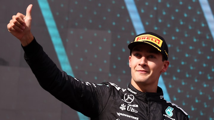 George Russell of Mercedes-AMG F1 Team celebrates on the...