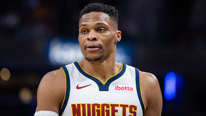 Feb 24, 2025; Indianapolis, Indiana, USA; Denver Nuggets guard Russell Westbrook (4)  in the second half against the Indiana Pacers at Gainbridge Fieldhouse. Mandatory Credit: Trevor Ruszkowski-Imagn Images