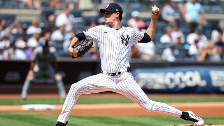 Aug 10, 2025; Bronx, New York, USA;  New York Yankees starting pitcher Max Fried (54) pitches in the first inning against the Houston Astros at Yankee Stadium. Mandatory Credit: Wendell Cruz-Imagn Images