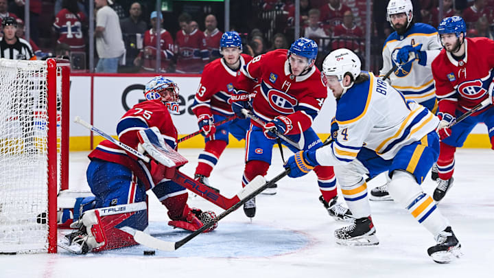 May 16, 2026; Montreal, Quebec, CAN; Montreal Canadiens goalie Jakub Dobes (75) makes a save against Buffalo Sabres defenseman Bowen Byram (4) during the second period in game six of the second round of the 2026 Stanley Cup Playoffs at Bell Centre. Mandatory Credit: David Kirouac-Imagn Images May 16, 2026; Montreal, Quebec, CAN; Montreal Canadiens goalie Jakub Dobes (75) makes a save against Buffalo Sabres defenseman Bowen Byram (4) during the second period in game six of the second round of the 2026 Stanley Cup Playoffs at Bell Centre. Mandatory Credit: David Kirouac-Imagn Images