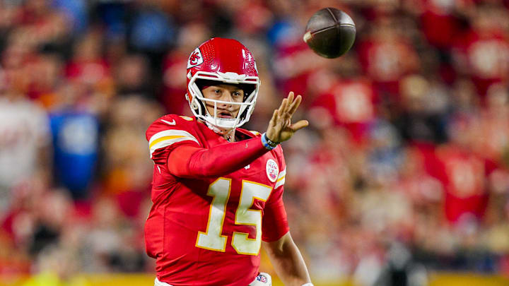 Oct 12, 2025; Kansas City, Missouri, USA; Kansas City Chiefs quarterback Patrick Mahomes (15) throws a pass during the first half against the Detroit Lions at GEHA Field at Arrowhead Stadium. Mandatory Credit: Jay Biggerstaff-Imagn Images Oct 12, 2025; Kansas City, Missouri, USA; Kansas City Chiefs quarterback Patrick Mahomes (15) throws a pass during the first half against the Detroit Lions at GEHA Field at Arrowhead Stadium. Mandatory Credit: Jay Biggerstaff-Imagn Images