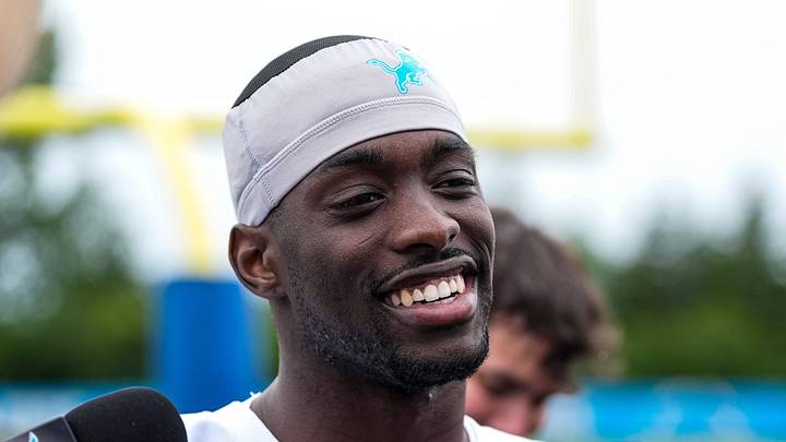 Detroit Lions cornerback Terrion Arnold speaks to the media