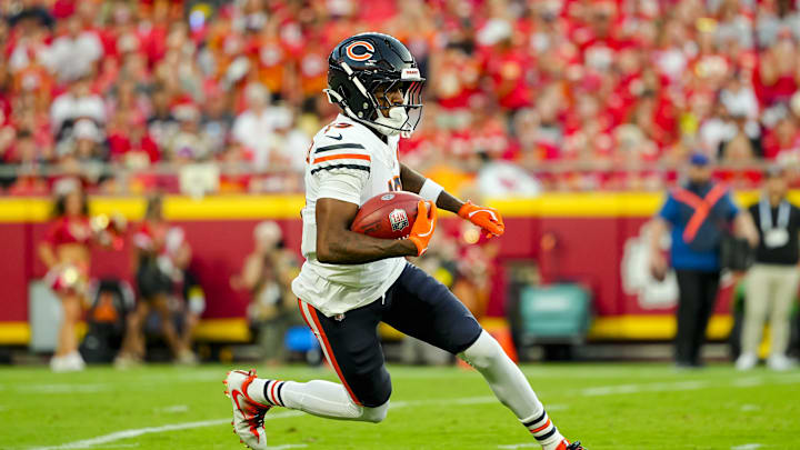 Aug 22, 2025; Kansas City, Missouri, USA; Chicago Bears wide receiver Maurice Alexander (13) returns a kickoff during the first half against the Kansas City Chiefs at GEHA Field at Arrowhead Stadium. Mandatory Credit: Jay Biggerstaff-Imagn Images