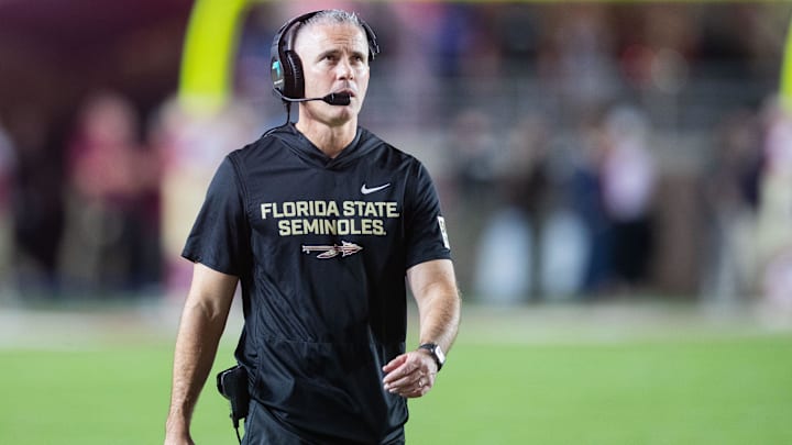 Florida State Seminoles head coach Mike Norvell walks down the field. The Miami Hurricanes lead the Florida State Seminoles 14-3 at the half on Saturday, Oct. 4, 2025. Florida State Seminoles head coach Mike Norvell walks down the field. The Miami Hurricanes lead the Florida State Seminoles 14-3 at the half on Saturday, Oct. 4, 2025.