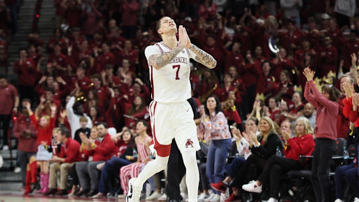 Feb 14, 2026; Fayetteville, Arkansas, USA; Arkansas Razorbacks forward Trevon Brazile (7) reacts after scoring in the second half against the Auburn Tigers at Bud Walton Arena. Mandatory Credit: Nelson Chenault-Imagn Images