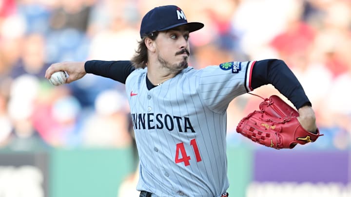Aug 1, 2025; Cleveland, Ohio, USA; Minnesota Twins starting pitcher Joe Ryan (41) throws a pitch during the first inning against the Cleveland Guardians at Progressive Field. Mandatory Credit: Ken Blaze-Imagn Images