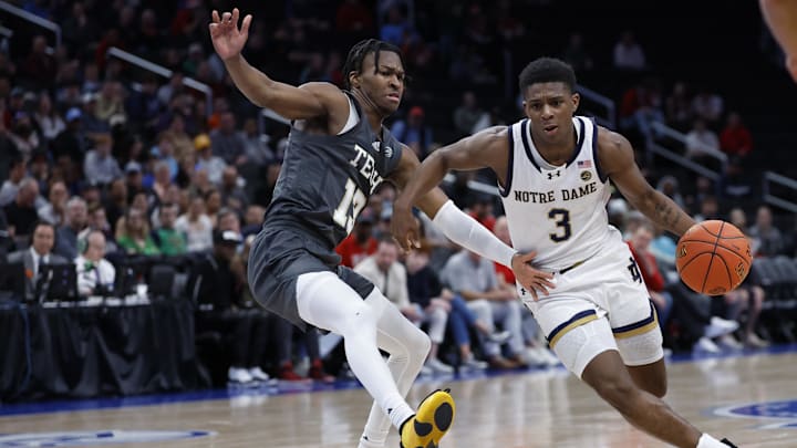 Mar 12, 2024; Washington, D.C., USA; Notre Dame Fighting Irish guard Markus Burton (3) drives to the