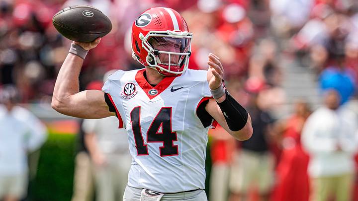 Apr 18, 2026; Athens, GA, USA; Georgia Bulldogs quarterback Gunner Stockton (14) passes the ball during the Georgia Spring football game at Sanford Stadium. Mandatory Credit: Dale Zanine-Imagn Images