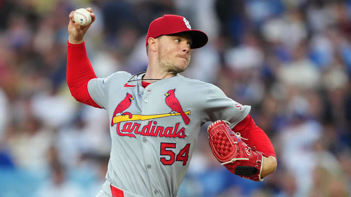Aug 4, 2025; Los Angeles, California, USA; St. Louis Cardinals pitcher Sonny Gray (54) throws during the second inning against the Los Angeles Dodgers at Dodger Stadium. Mandatory Credit: Kirby Lee-Imagn Images