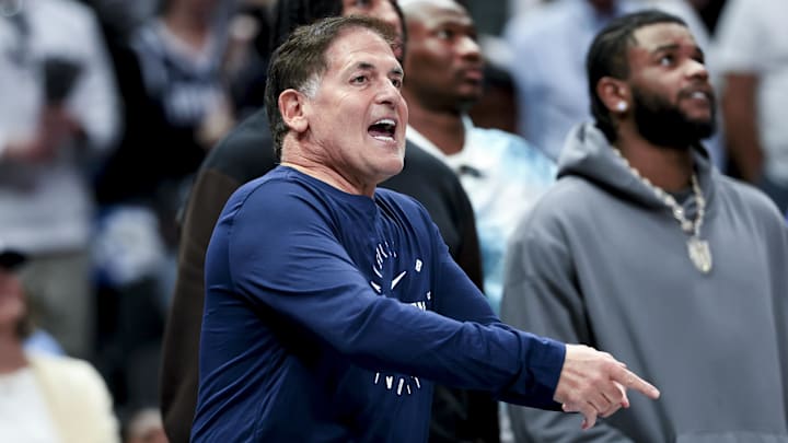 Mar 16, 2025; Dallas, Texas, USA;  Mark Cuban reacts against the Philadelphia 76ers during the second half at American Airlines Center. Mandatory Credit: Kevin Jairaj-Imagn Images