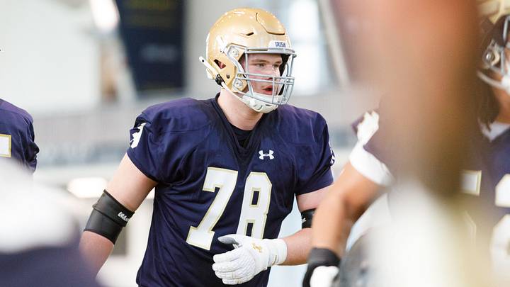 Notre Dame offensive lineman Owen Strebig (78) during a Notre Dame football spring practice at Irish Athletic Center on Wednesday, March 19, 2025, in South Bend. Notre Dame offensive lineman Owen Strebig (78) during a Notre Dame football spring practice at Irish Athletic Center on Wednesday, March 19, 2025, in South Bend.