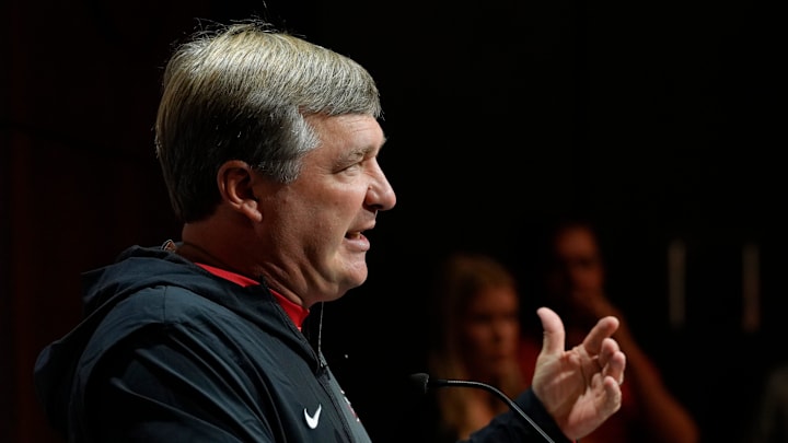 Georgia coach Kirby Smart speaks to the media on the first day of fall practice in Athens, Georgia, on Thursday, July 31, 2025.