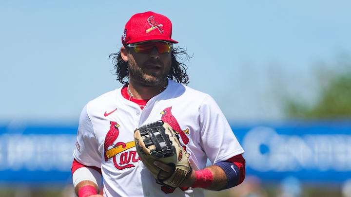Mar 11, 2024; Jupiter, Florida, USA; St. Louis Cardinals shortstop Brandon Crawford (35) looks on
