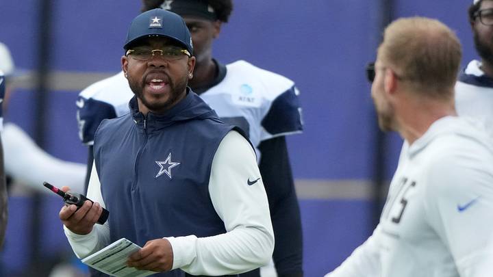 Dallas Cowboys defensive coordinator Christian Parker and Los Angeles Rams head coach Sean McVay react during a joint practice Dallas Cowboys defensive coordinator Christian Parker and Los Angeles Rams head coach Sean McVay react during a joint practice
