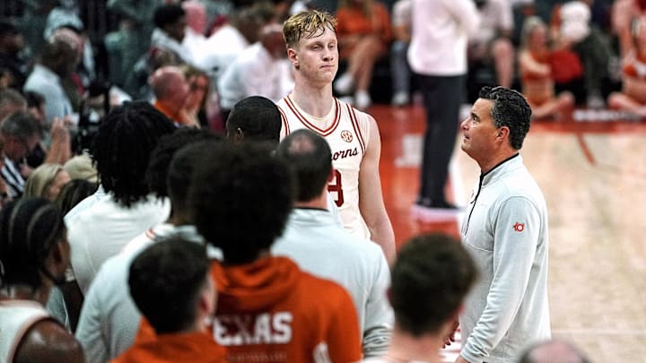 Texas Longhorns head coach Sean Miller takes out center Matas Vokietaitis (8) during the second half against the Rider Broncs at Moody Center. Texas Longhorns head coach Sean Miller takes out center Matas Vokietaitis (8) during the second half against the Rider Broncs at Moody Center.