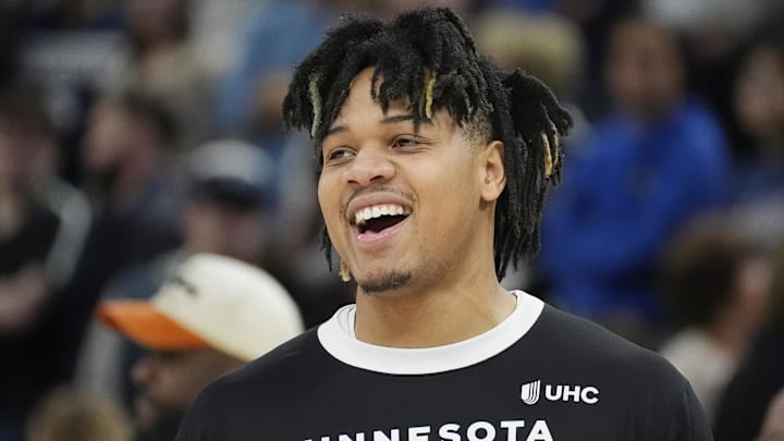 Apr 11, 2025; Minneapolis, Minnesota, USA; Minnesota Timberwolves guard Terrence Shannon Jr. (00) prepares to play the Brooklyn Nets before the game at Target Center. Mandatory Credit: Bruce Kluckhohn-Imagn Images