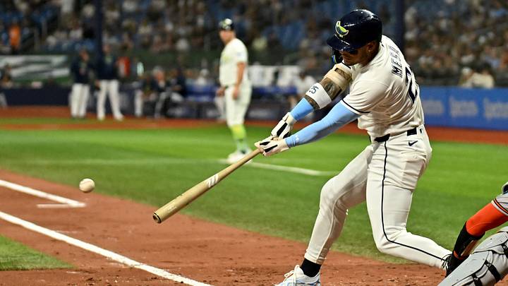 Aug 14, 2026; St. Petersburg, Florida, USA; Tampa Bay Rays right fielder Victor Mesa Jr. (25) hits a RBI single in the third inning against the Baltimore Orioles  at Tropicana Field. Mandatory Credit: Jonathan Dyer-Imagn Images
