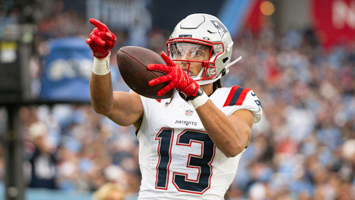 Oct 19, 2025; Nashville, Tennessee, USA; New England Patriots wide receiver Mack Hollins (13) points after making the first down against the Tennessee Titans during the first half at Nissan Stadium. Oct 19, 2025; Nashville, Tennessee, USA; New England Patriots wide receiver Mack Hollins (13) points after making the first down against the Tennessee Titans during the first half at Nissan Stadium.