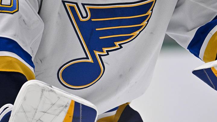 Dec 14, 2024; Dallas, Texas, USA; A view of the Blues logo on the jersey of St. Louis Blues goaltender Jordan Binnington (50) during the game between the Dallas Stars and the St. Louis Blues at American Airlines Center. Mandatory Credit: Jerome Miron-Imagn Images