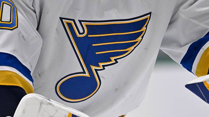 Dec 14, 2024; Dallas, Texas, USA; A view of the Blues logo on the jersey of St. Louis Blues goaltender Jordan Binnington (50) during the game between the Dallas Stars and the St. Louis Blues at American Airlines Center. Mandatory Credit: Jerome Miron-Imagn Images