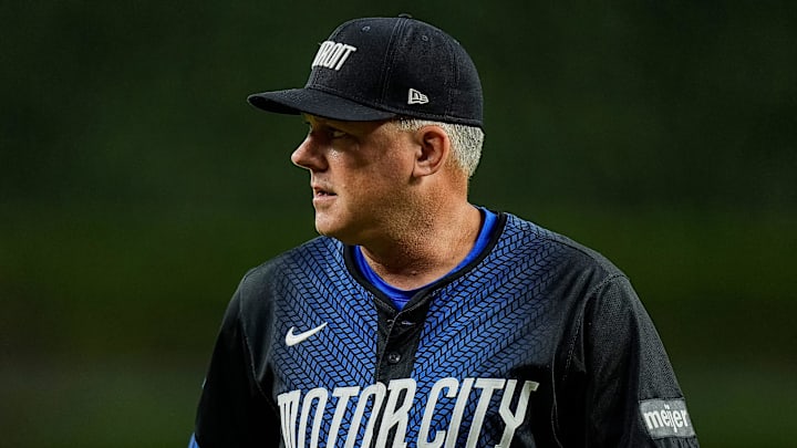 Detroit Tigers manager A.J. Hinch (14) walks off the field after a pitching change against L. A. Dodgers during the ninth inning at Comerica Park in Detroit on Friday, July 12, 2024.