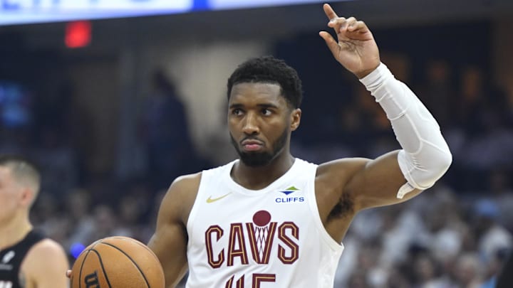 Cleveland Cavaliers guard Donovan Mitchell (45) reacts in the first quarter of game two of the first round of the 2025 NBA Playoffs against the Miami Heat at Rocket Arena.