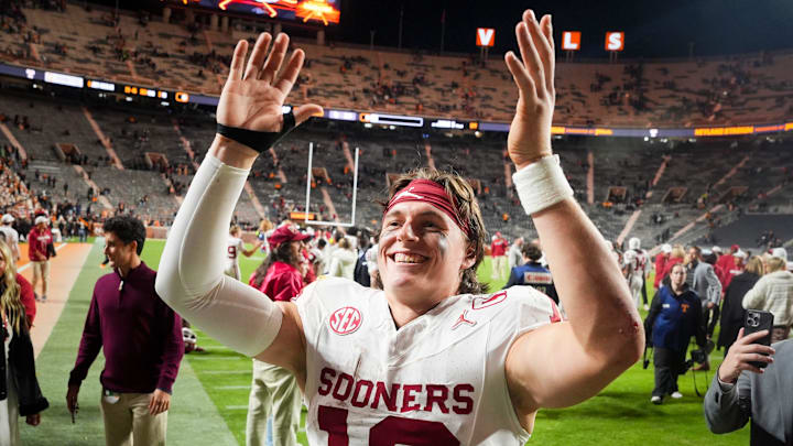 Oklahoma quarterback John Mateer celebrates after the Sooners took down Tennessee at Neyland Stadium.