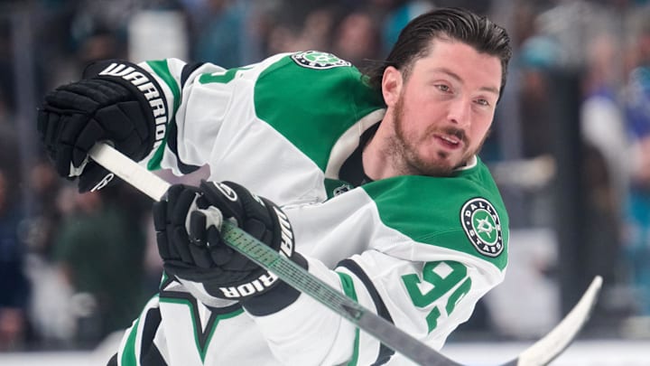 Feb 8, 2025; San Jose, California, USA; Dallas Stars center Matt Duchene (95) warms up before a game against the San Jose Sharks at SAP Center at San Jose. Mandatory Credit: Robert Edwards-Imagn Images