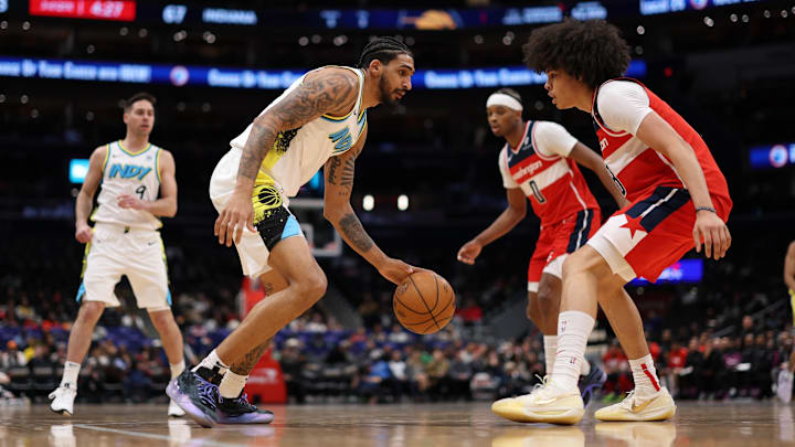 Feb 12, 2025; Washington, District of Columbia, USA; Indiana Pacers forward Obi Toppin (1) drives to the basket as Washington Wizards forward Kyshawn George (18) defends in the third quarter at Capital One Arena. Mandatory Credit: Geoff Burke-Imagn Images Feb 12, 2025; Washington, District of Columbia, USA; Indiana Pacers forward Obi Toppin (1) drives to the basket as Washington Wizards forward Kyshawn George (18) defends in the third quarter at Capital One Arena. Mandatory Credit: Geoff Burke-Imagn Images