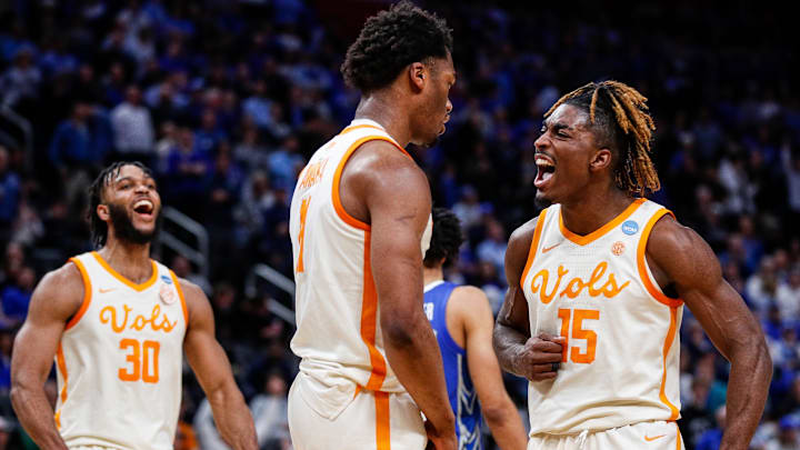 Tennessee forward Tobe Awaka (11) and guard Jahmai Mashack (15) celebrate a play against Creighton