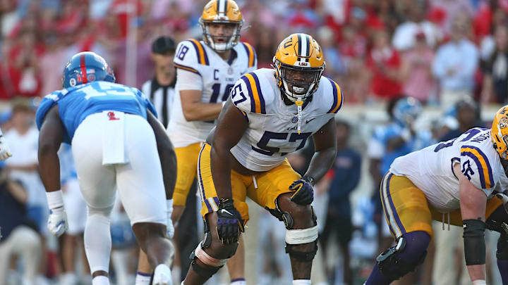 Sep 27, 2025; Oxford, Mississippi, USA; LSU Tigers offensive lineman Carius Curne (57) waits for the snap during the fourth quarter against the Mississippi Rebels at Vaught-Hemingway Stadium. Mandatory Credit: Petre Thomas-Imagn Images
