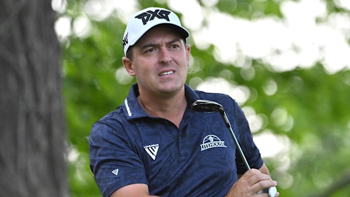 Jun 10, 2023; Toronto, ON, CAN;  Justin Lower reacts after hitting his tee shot at the 18th hole
