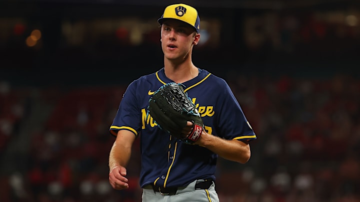 Milwaukee Brewers pitcher Jacob Misiorowski walks off the mound after closing an inning against St. Louis Cardinals.