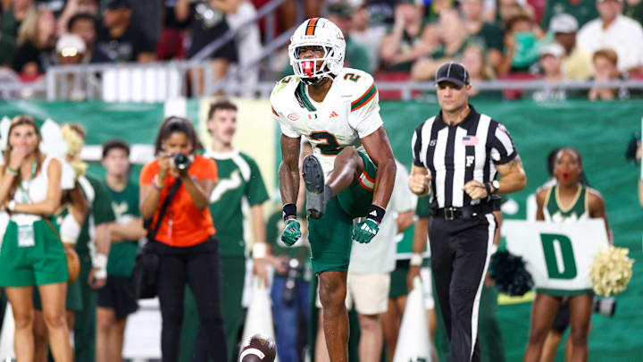 Sep 21, 2024; Tampa, Florida, USA; Miami Hurricanes wide receiver Isaiah Horton (2) reacts after catching a pass against the South Florida Bulls in the third quarter at Raymond James Stadium. Mandatory Credit: Nathan Ray Seebeck-Imagn Images