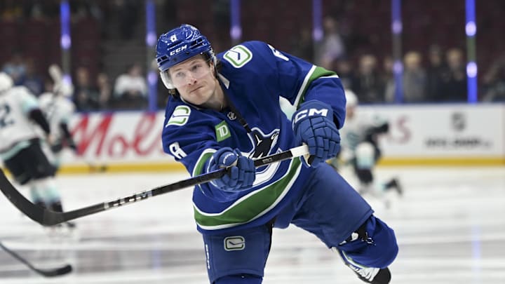 Apr 2, 2025; Vancouver, British Columbia, CAN; Vancouver Canucks forward Brock Boeser (6) during pre game warm up against the Seattle Kraken at Rogers Arena. Mandatory Credit: Simon Fearn-Imagn Images