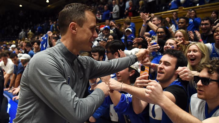 Feb 7, 2024; Durham, North Carolina, USA; Duke Blue Devils head coach Jon Scheyer shakes hands  with
