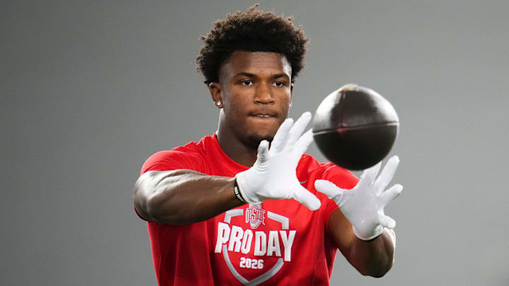 Ohio State Buckeyes defensive back Caleb Downs catches a ball during Pro Day for NFL scouts at the Woody Hayes Athletics Center on March 25, 2026.