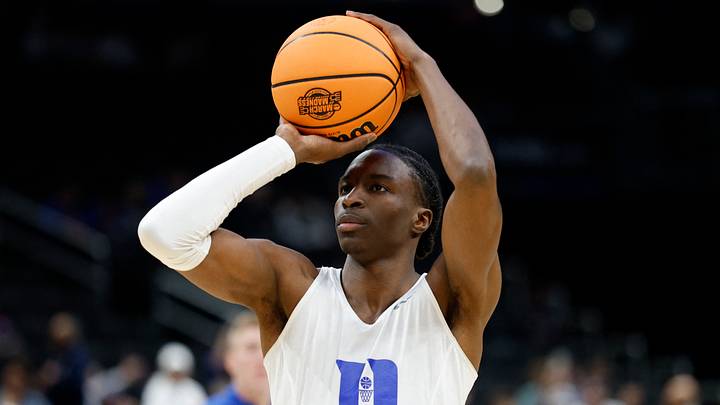 Mar 29, 2026; Washington, DC, USA; Duke Blue Devils guard Dame Sarr (7) warms up prior to the game against the UConn Huskies during an Elite Eight game of the East Regional of the men's 2026 NCAA Tournament at Capital One Arena.