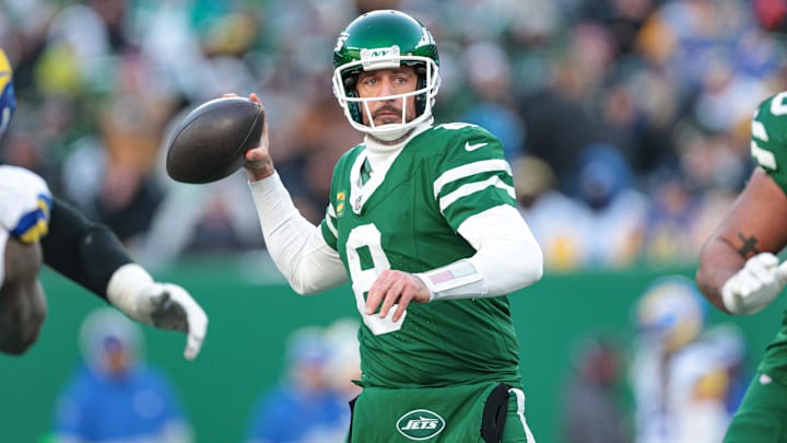 Dec 22, 2024; East Rutherford, New Jersey, USA; New York Jets quarterback Aaron Rodgers (8) throws the ball during the second half against the Los Angeles Rams at MetLife Stadium. Mandatory Credit: Vincent Carchietta-Imagn Images Dec 22, 2024; East Rutherford, New Jersey, USA; New York Jets quarterback Aaron Rodgers (8) throws the ball during the second half against the Los Angeles Rams at MetLife Stadium. Mandatory Credit: Vincent Carchietta-Imagn Images