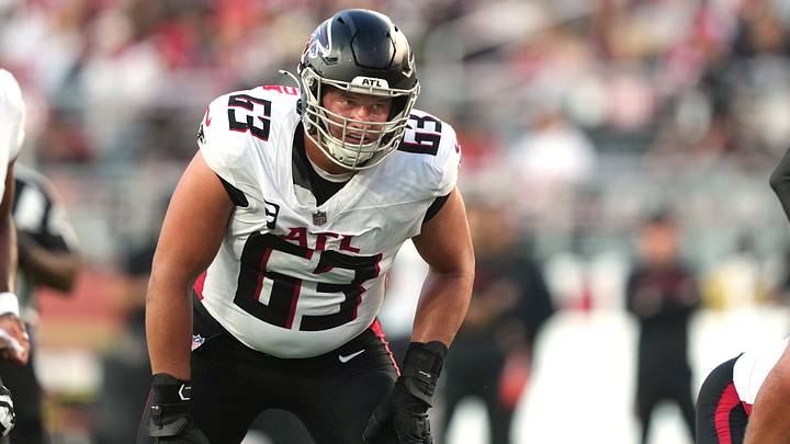 Oct 19, 2025; Santa Clara, California, USA; Atlanta Falcons guard Chris Lindstrom (63) during the second quarter against the San Francisco 49ers at Levi's Stadium. Mandatory Credit: Darren Yamashita-Imagn Images Oct 19, 2025; Santa Clara, California, USA; Atlanta Falcons guard Chris Lindstrom (63) during the second quarter against the San Francisco 49ers at Levi's Stadium. Mandatory Credit: Darren Yamashita-Imagn Images