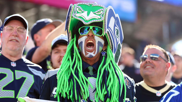 Feb 8, 2026; Santa Clara, CA, USA; A Seattle Seahawks fan cheers before Super Bowl LX against the New England Patriots at Levi's Stadium.