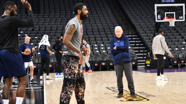 March 28, 2024 — Kyrie Irving and Tim Hardaway Jr. at Dallas Mavericks practice at Golden 1 Center