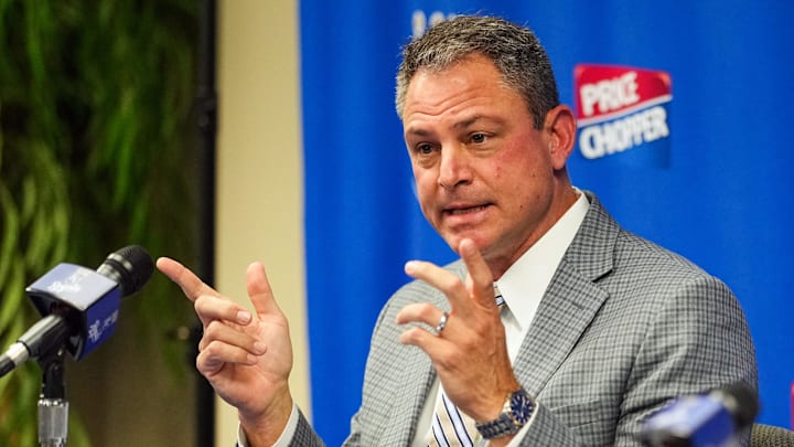 Nov 3, 2022; Kansas City, Missouri, USA; Kansas City Royals general manager J.J. Picollo talks with media during a press conference at Kauffman Stadium. Mandatory Credit: Jay Biggerstaff-Imagn Images