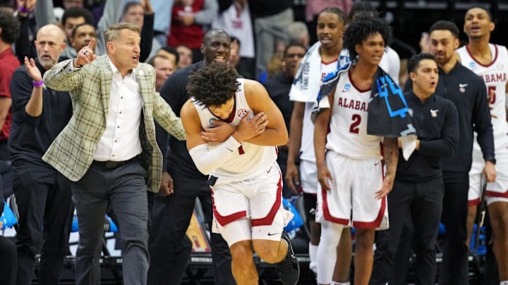 Mar 27, 2025; Newark, NJ, USA; Alabama Crimson Tide guard Mark Sears (1) celebrates after making a three pointer during the second half against the Brigham Young Cougars during an East Regional semifinal of the 2025 NCAA tournament at Prudential Center. Mandatory Credit: Robert Deutsch-Imagn Images