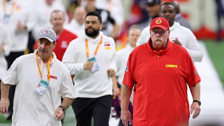Feb 9, 2025; New Orleans, LA, USA; Kansas City Chiefs head coach Andy Reid on the sideline before Super Bowl LIX between the Philadelphia Eagles and the Kansas City Chiefs at Caesars Superdome. Mandatory Credit: Bill Streicher-Imagn Images