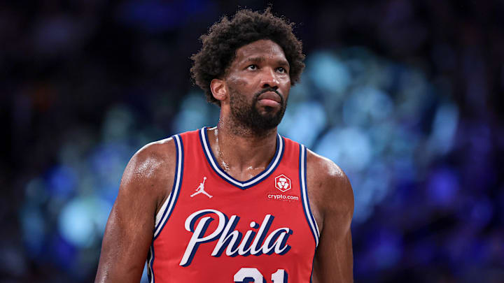 Apr 22, 2024; New York, New York, USA; Philadelphia 76ers center Joel Embiid (21) look up