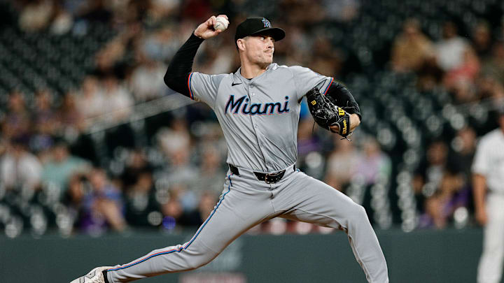 Aug 27, 2024; Denver, Colorado, USA; Miami Marlins relief pitcher Calvin Faucher (53) pitches in the ninth inning against the Colorado Rockies at Coors Field. Mandatory Credit: Isaiah J. Downing-Imagn Images