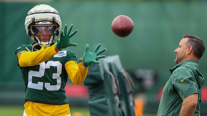 Green Bay Packers cornerback Jaire Alexander catches a ball in a drill during practice on Thursday, August 8, 2024, at Ray Nitschke Field in Ashwaubenon, Wis. 
Tork Mason/USA TODAY NETWORK-Wisconsin