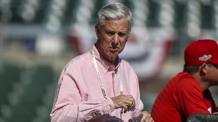 Oct 10, 2022; Atlanta, Georgia, USA; Philadelphia Phillies president Dave Dombrowski watches a team workout for the NLDS at Truist Park Oct 10, 2022; Atlanta, Georgia, USA; Philadelphia Phillies president Dave Dombrowski watches a team workout for the NLDS at Truist Park