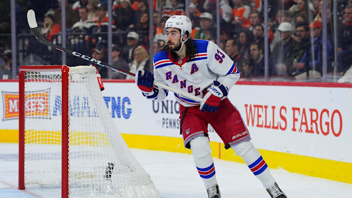 Nov 29, 2024; Philadelphia, Pennsylvania, USA; New York Rangers center Mika Zibanejad (93) in action against the Philadelphia Flyers in the second period at Wells Fargo Center. Mandatory Credit: Kyle Ross-Imagn Images Nov 29, 2024; Philadelphia, Pennsylvania, USA; New York Rangers center Mika Zibanejad (93) in action against the Philadelphia Flyers in the second period at Wells Fargo Center. Mandatory Credit: Kyle Ross-Imagn Images